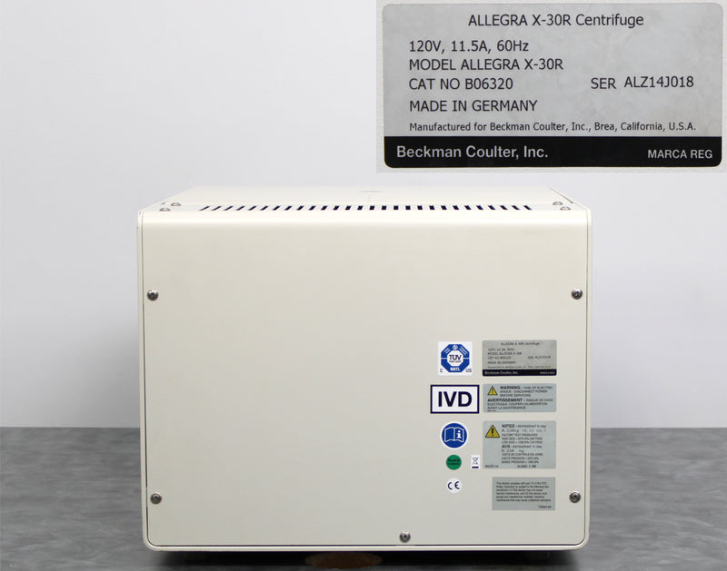 Beckman Coulter Allegra X-30R Benchtop Centrifuge Back Panel, Label with Serial Number