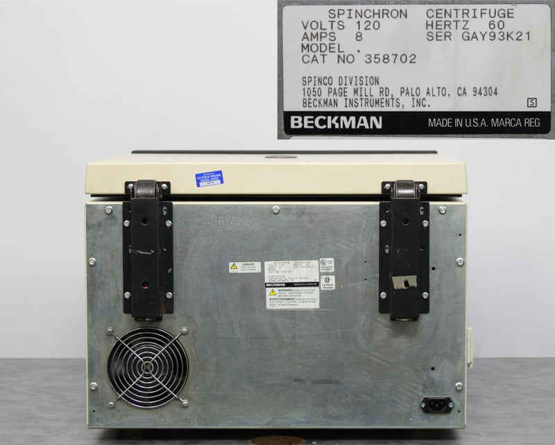 Beckman Spinchron Benchtop Centrifuge Back Panel, Name Plate with Serial Number