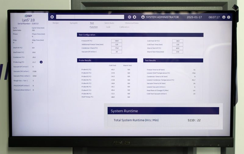 SP Scientific VirTis 35L Ultra EL-85° Stoppering Freeze Dryer Control Screen - Test Configuration, Probe Results, System Runtime