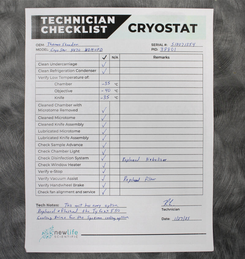 Thermo Scientific Shandon CryoStar NX70 HOMVPD Cryostat Microtome Checklist