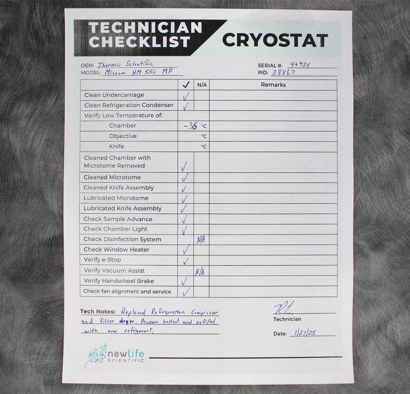 Thermo Scientific Microm HM 550 MP Cryostat Microtome Checklist