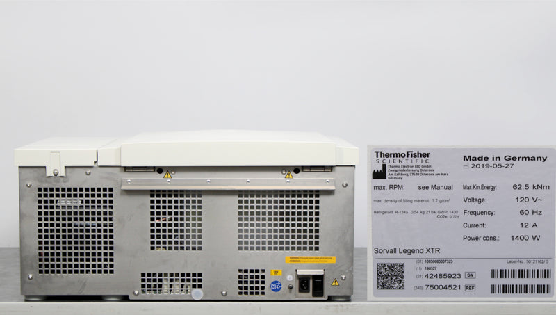 Thermo Scientific Sorvall Legend XTR Refrigerated Benchtop Centrifuge Back Panel - Name Plate with Serial Number and Manufacture Date