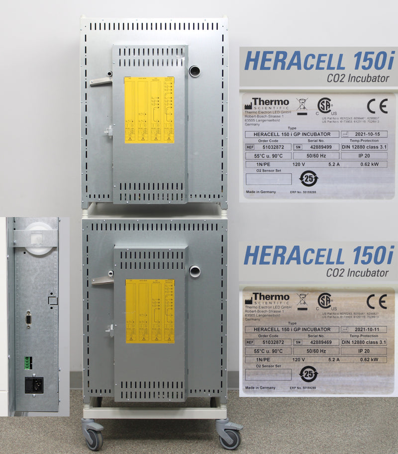 Thermo Scientific HERAcell 150i GP Stacked CO2 Incubators Back Panel, Labels with Serial Numbers and Manufacture Dates, Logos, Ports