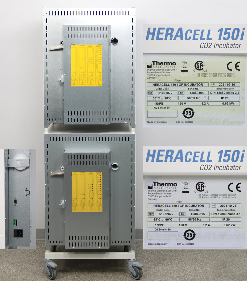 Thermo Scientific HERAcell 150i GP Stacked CO2 Incubators Back - Labels with Serial Numbers, Manufacture Dates, Logos, Ports