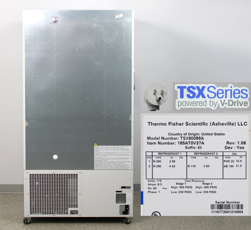 Thermo TSX Series -86°C TSX60086A Upright ULT Freezer Back Panel, Name Plate with Serial Number and Voltage Requirements, Plug, Logo