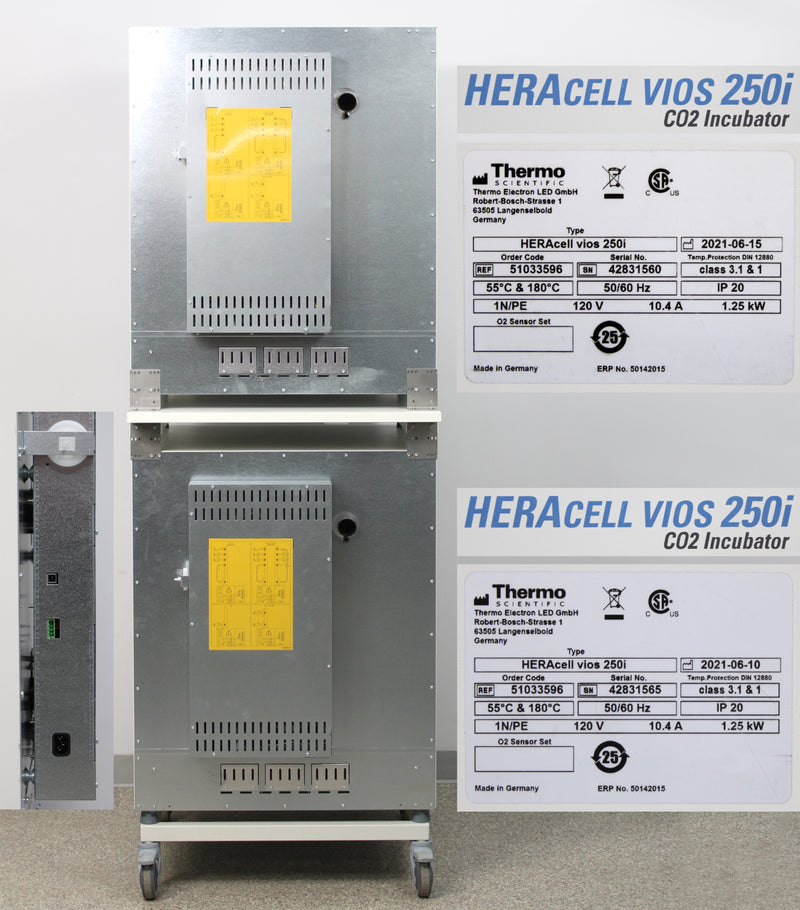 Thermo HERAcell vios 250i Stacked Copper Lined CO2 Incubators Back - Labels with Serial Number, Manufacture Date, Logos, Ports