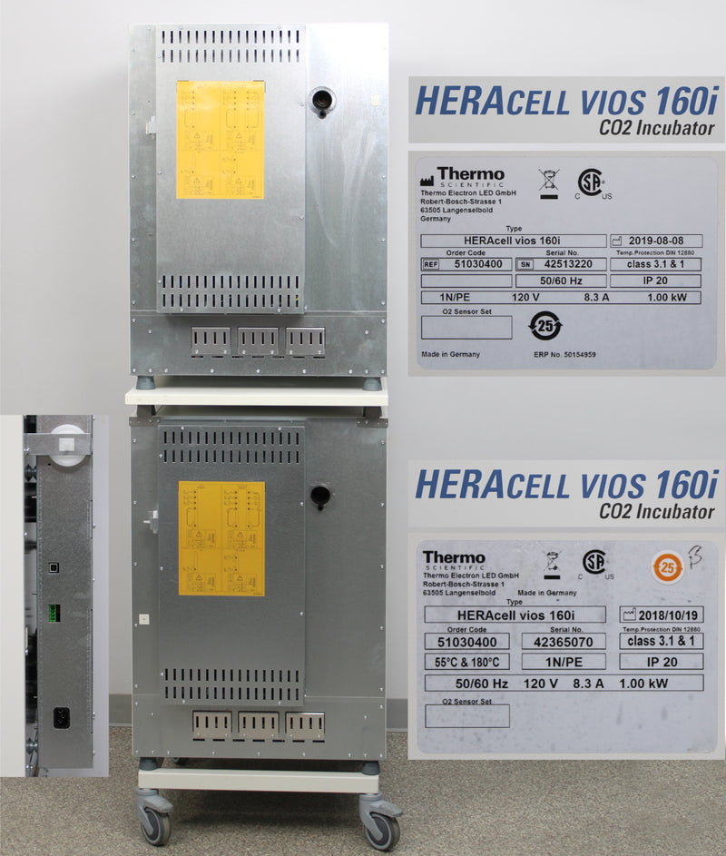 Thermo HERAcell vios 160i Stacked Stainless Steel CO2 Incubators Back - Labels with Serial Number and Date of Manufacture, Logos, Ports