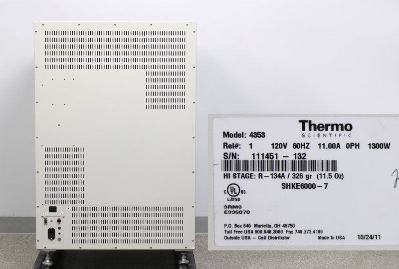 Thermo Scientific MaxQ 6000 4353 Refrigerated Incubator Shaker back panel, label with serial number and manufacture date