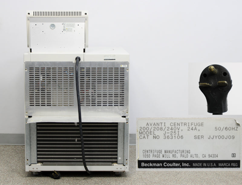 Beckman Coulter Avanti J-25I High-Speed Refrigerated Floor Centrifuge Back Panel, Label with Serial Number, Plug