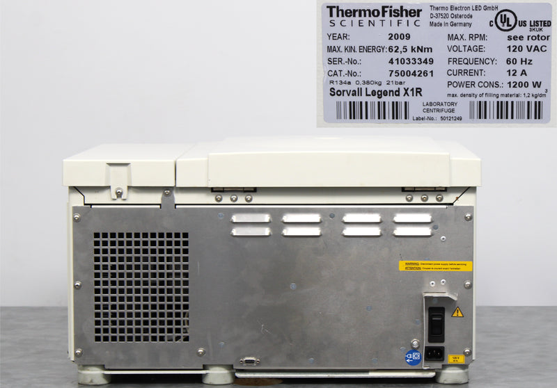 Thermo Scientific Sorvall Legend X1R Benchtop Centrifuge Back Panel, Label with Serial Number and Manufacture Date