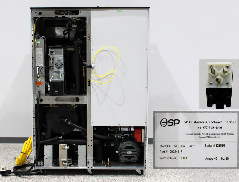 SP VirTis 35L Ultra EL-85°C Stoppering Freeze Dryer Back Panel, Label with Serial Number, Plug