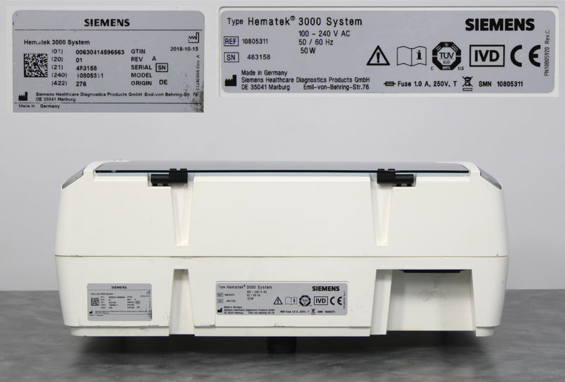 Siemens Healthcare Diagnostics Hematek 3000 Slide Stainer System Back Panel, Label with Serial Number