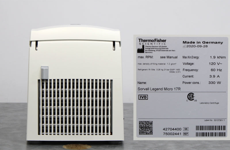 Thermo Scientific Sorvall Legend Micro 17R Microcentrifuge back panel, label with serial number and manufacture date