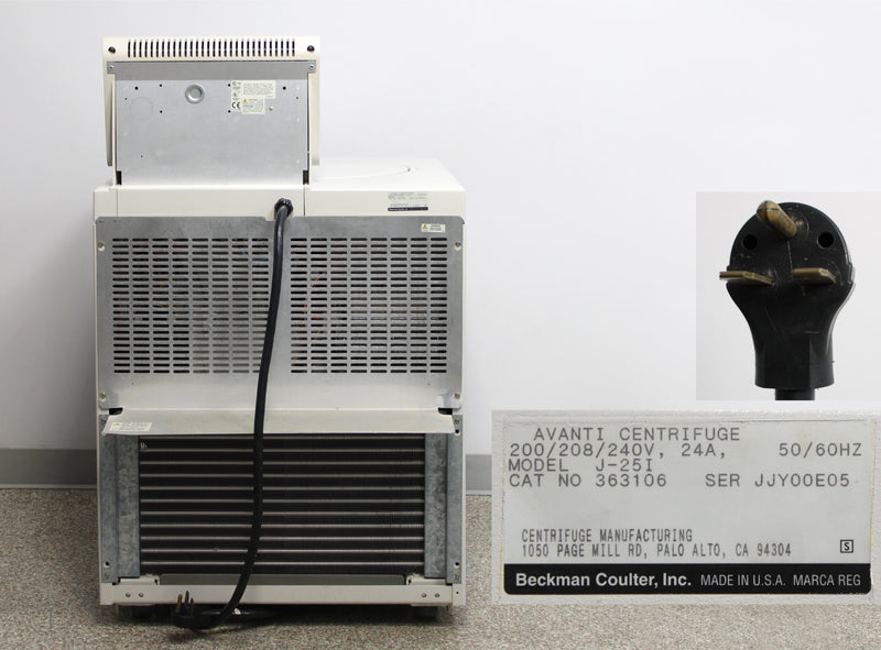 Beckman Coulter Avanti J-25I High Speed Refrigerated Floor Centrifuge Back Panel, Label with Serial Number, Plug