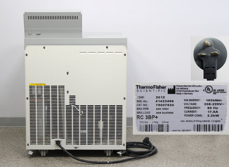 Thermo Scientific Sorvall RC 3BP+ Low-Speed Floor Centrifuge Back Panel, Label with Serial Number and Manufacture Year, Plug