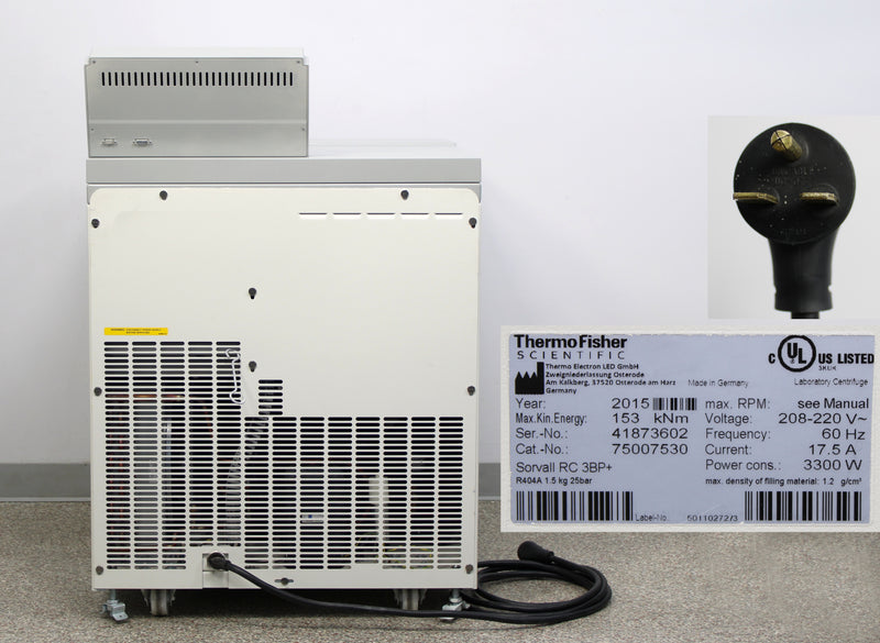 Thermo Scientific Sorvall RC 3BP+ Low-Speed Floor Centrifuge Back Panel, Label with Serial Number and Manufacture Year, Plug