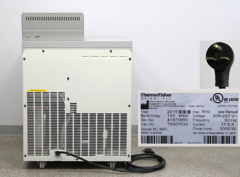 Thermo Scientific Sorvall RC 3BP+ Floor Centrifuge Back Panel, Label with Serial Number and Manufacture Year, Plug
