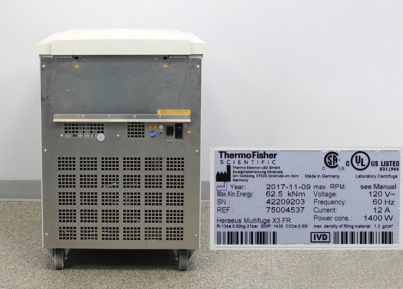 Thermo Scientific Heraeus Multifuge X3 FR Refrigerated Floor Centrifuge Back Panel, Label with Serial Number and Manufacture Date