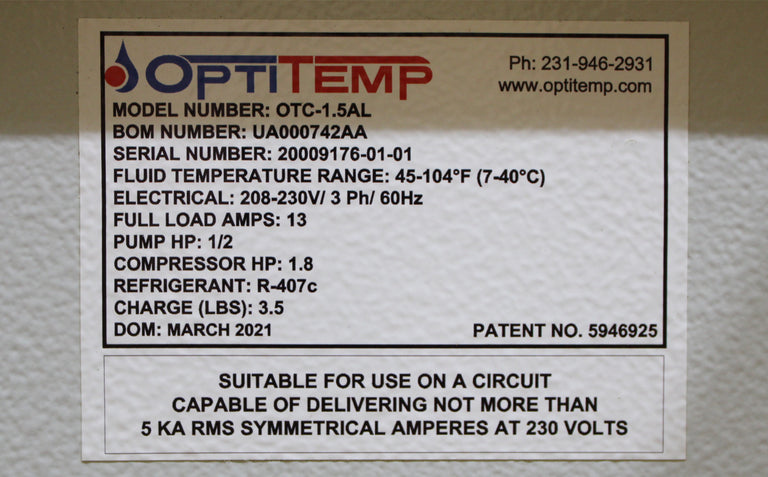 Opti Temp OTC-1.5AL 4GPM 20160 BTU/hr 1.7 tons Capacity Water-Cooled Chiller