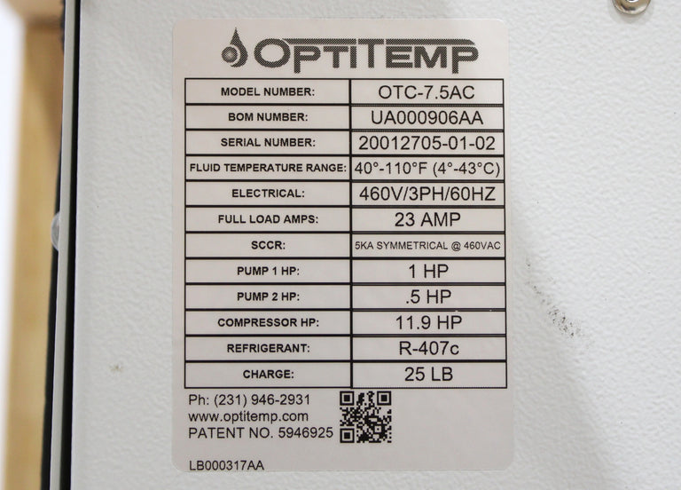 Opti Temp OTC-7.5AC 83450 BTU/hr 30GPM 7 tons Capacity Water Circulating Chiller