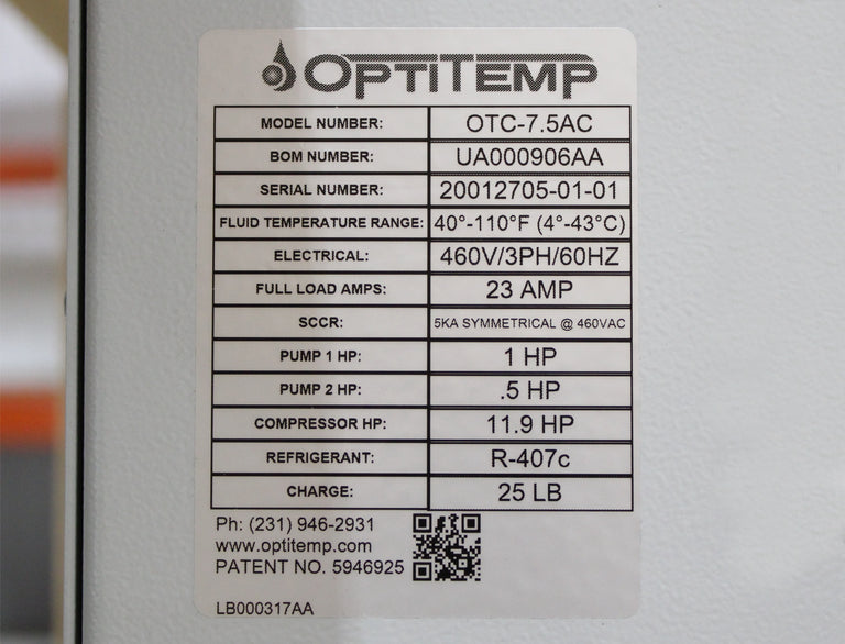 Opti Temp OTC-7.5AC 30GPM 83450 BTU/hr 7 tons Capacity Water Circulating Chiller