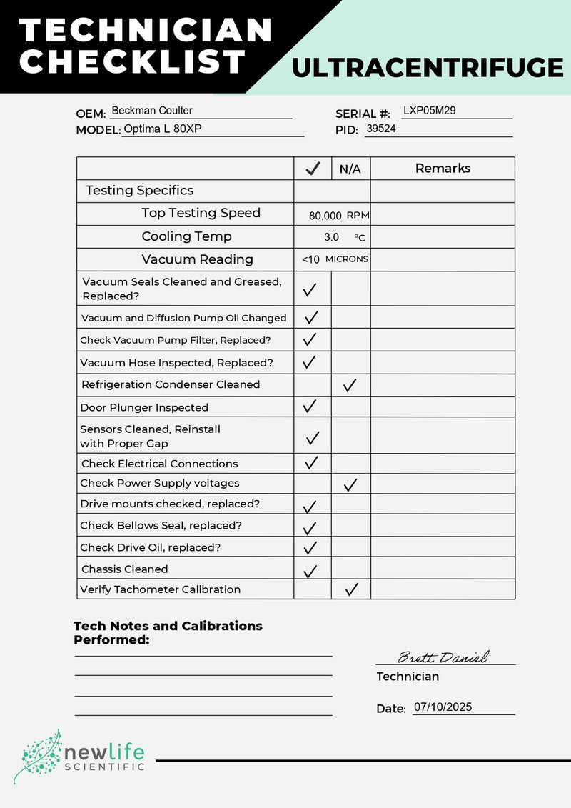 Beckman Coulter Optima L-80 XP  Ultracentrifuge Technician Checklist