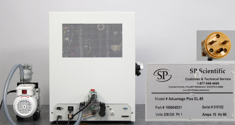 P Scientific VirTis Advantage Plus EL-85 Stoppering Benchtop Freeze Dryer Back Panel, Label with Serial Number, Plug