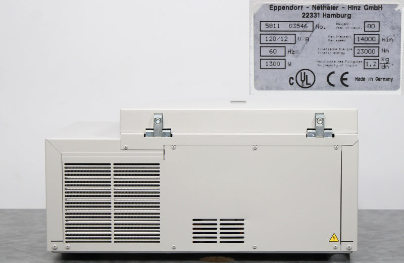 Eppendorf 5810R Refrigerated Benchtop Centrifuge Back Panel, Label with Serial Number and Manufacture Year
