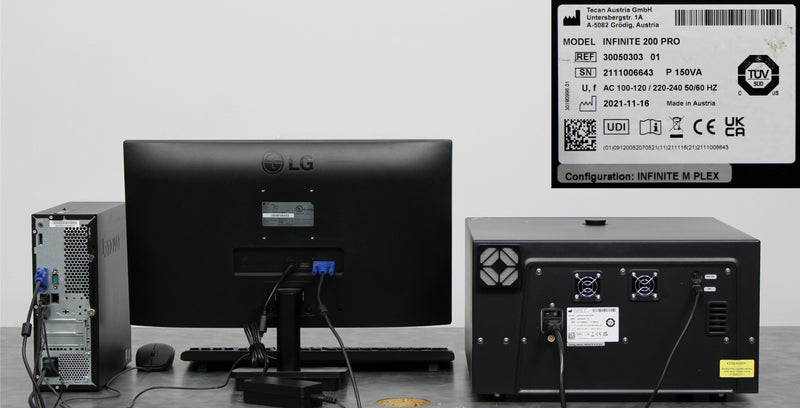 Tecan Infinite M Plex Nano 200 Pro Microplate Reader back panel, label with serial number and manufacture date