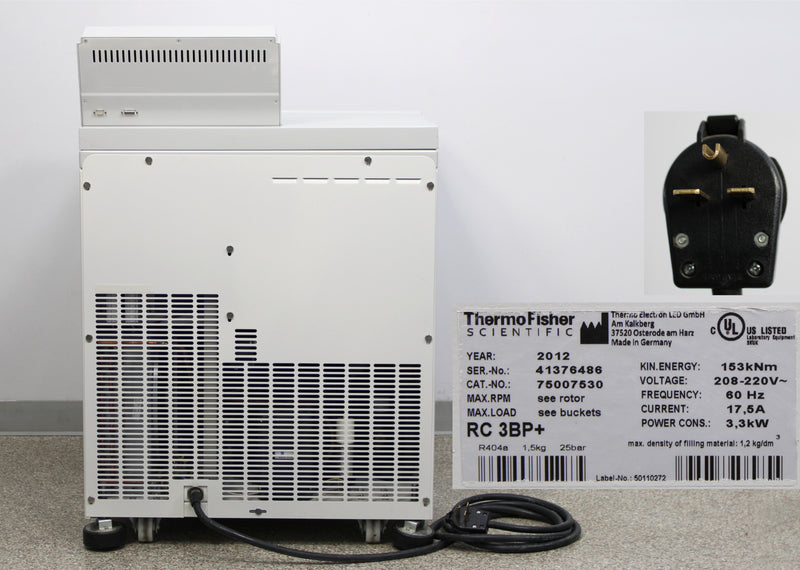 Thermo Scientific Sorvall RC 3BP+ Low-Speed Floor Centrifuge Back Panel, Label with Serial Number and Manufacture Year, Plug