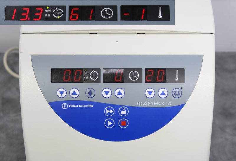 Fisher AccuSpin Micro 17R Benchtop Microcentrifuge control panel and screen
