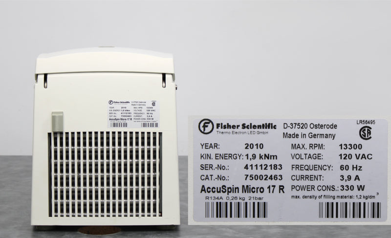 Thermo Fisher AccuSpin Micro 17R microcentrifuge back panel, label with serial number