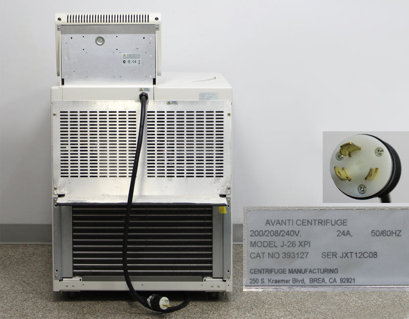 Beckman Coulter Avanti J-26 XPI Refrigerated Floor Centrifuge Back Panel, Label with Serial Number, Plug
