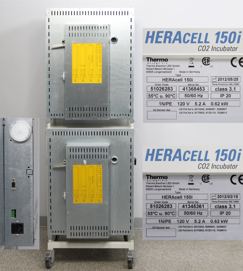 Thermo Scientific HERAcell 150i Stacked CO2 Incubator back panel, labels with serial numbers and manufacture dates, logos, ports