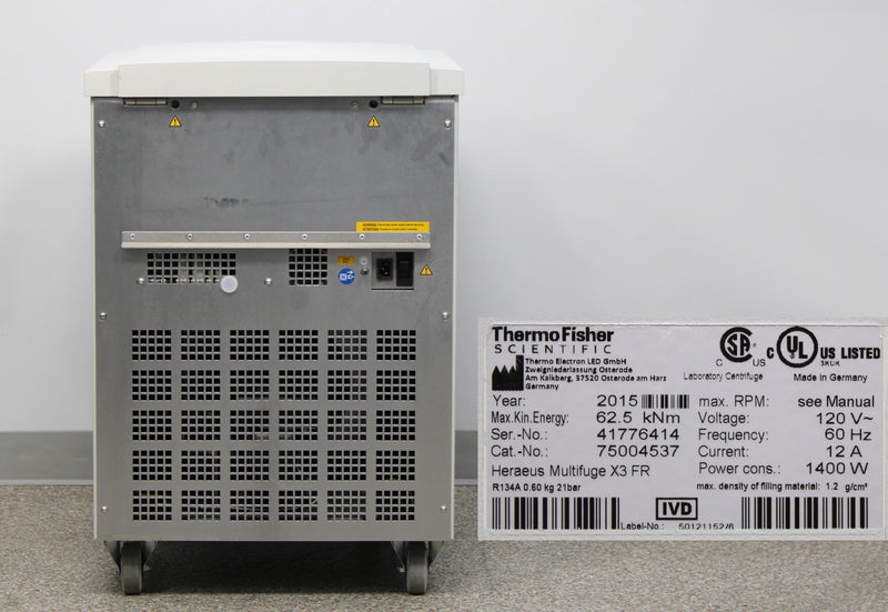 Thermo Scientific Heraeus Multifuge X3 FR Refrigerated Floor Centrifuge Back Panel, Label with Serial Number and Manufacture Year