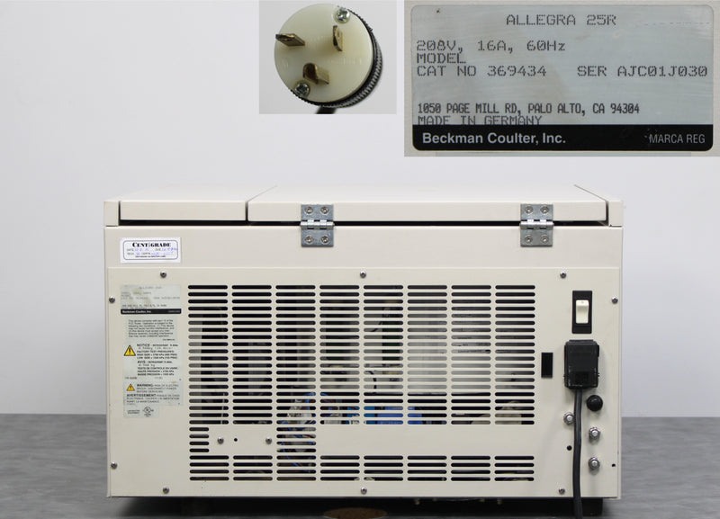 Beckman Coulter Allegra 25R Refrigerated Benchtop Centrifuge Back Panel, Label with Serial Number, Plug