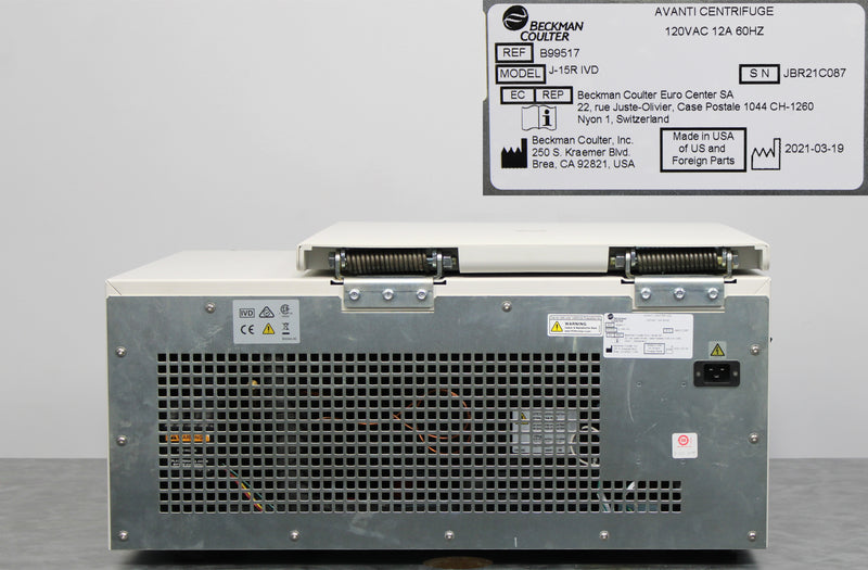 Beckman Coulter Avanti J-15R IVD Refrigerated Benchtop Centrifuge Back Panel, Label with Serial Number and Manufacture Date