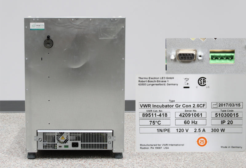 Thermo VWR Gravity Convection Incubator Back Panel, Label with Serial Number and Manufacture Date, Ports