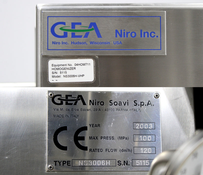 GEA Niro Soavi NS3006H 2-Stage High-Pressure Homogenizer 32 GPH 15000 PSI 3-A