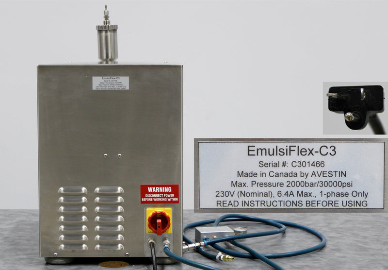 Avestin EmulsiFlex-C3 High-Pressure Homogenizer Back Panel, Label with Serial Number, Plug