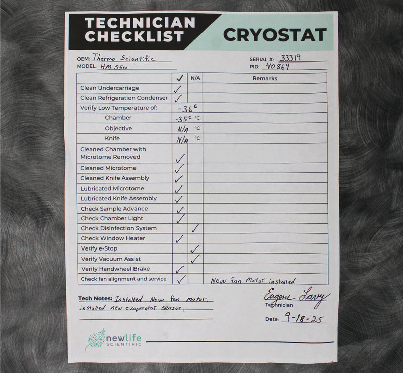 Thermo Scientific Microm HM 550 P Microtome Cryostat Technician Checklist