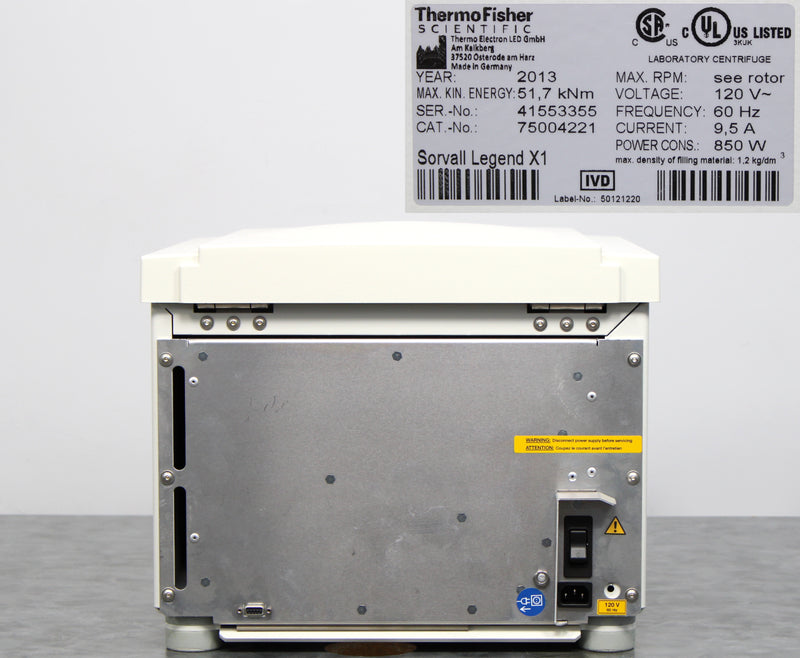 Thermo Scientific Sorvall Legend X1 Benchtop Centrifuge back panel, label with serial number and manufacture year