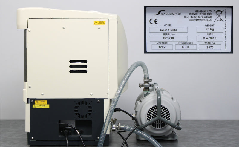 SP Scientific GeneVac EZ-2.3 Elite Personal Centrifugal Evaporator Back Panel, Label with Serial number and Manufacture Date