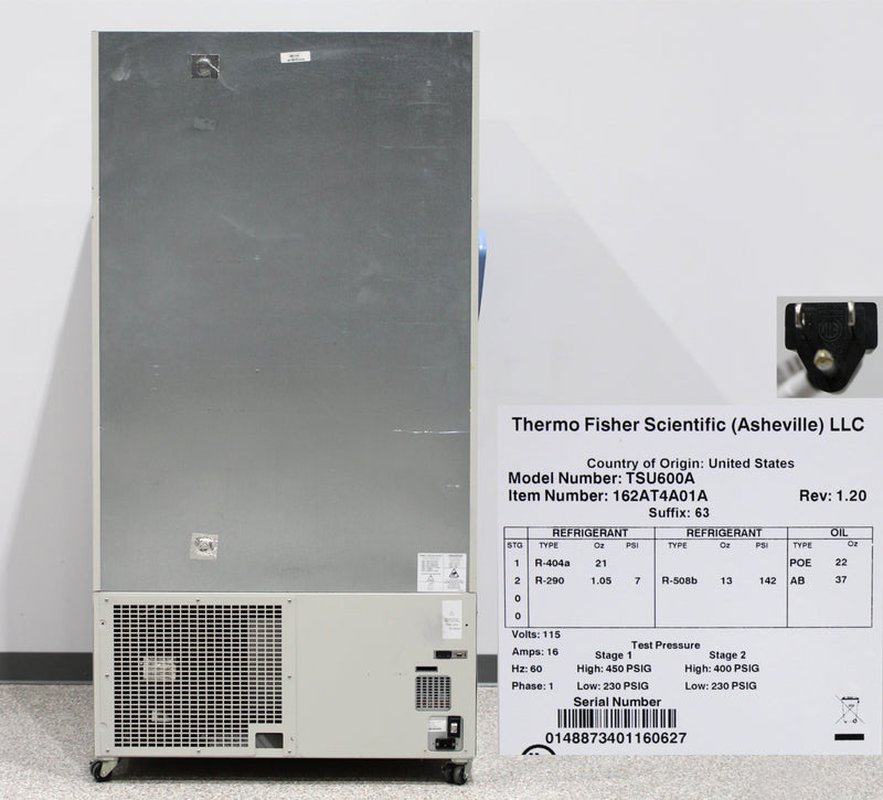 Thermo Scientific TSU600A Ultra-Low Temperature Freezer Back Panel, Label with Serial Number, Plug