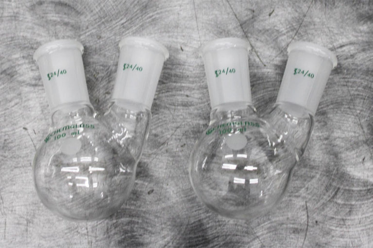x2 Chemglass CG1518-01 2-Neck Round Bottom 100mL Flasks 24/40 Joint