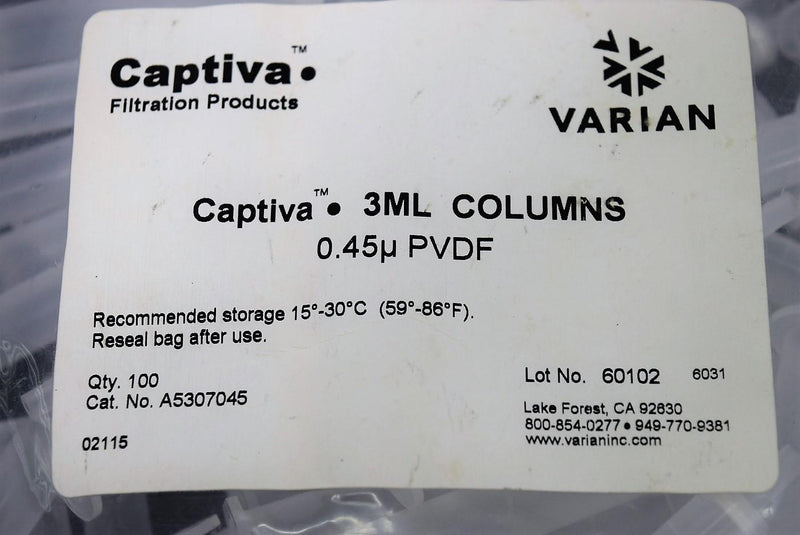 Varian Captiva A5307045 Filter Cartridges 0.45 m, PVDF, 3 mL Columns 100/pk