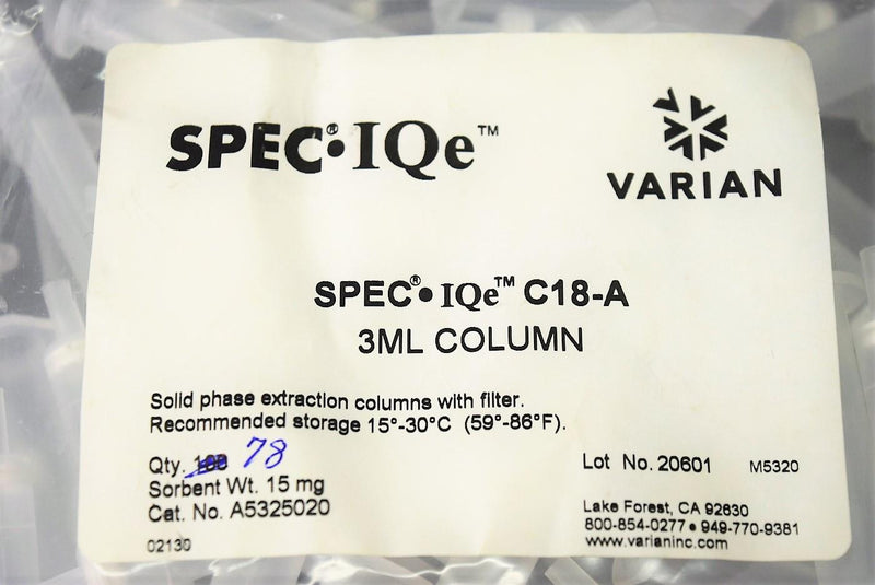 Varian C18-A SPEC-IQe w/ Filters 3mL Volume - 78pk A5325020 Warranty