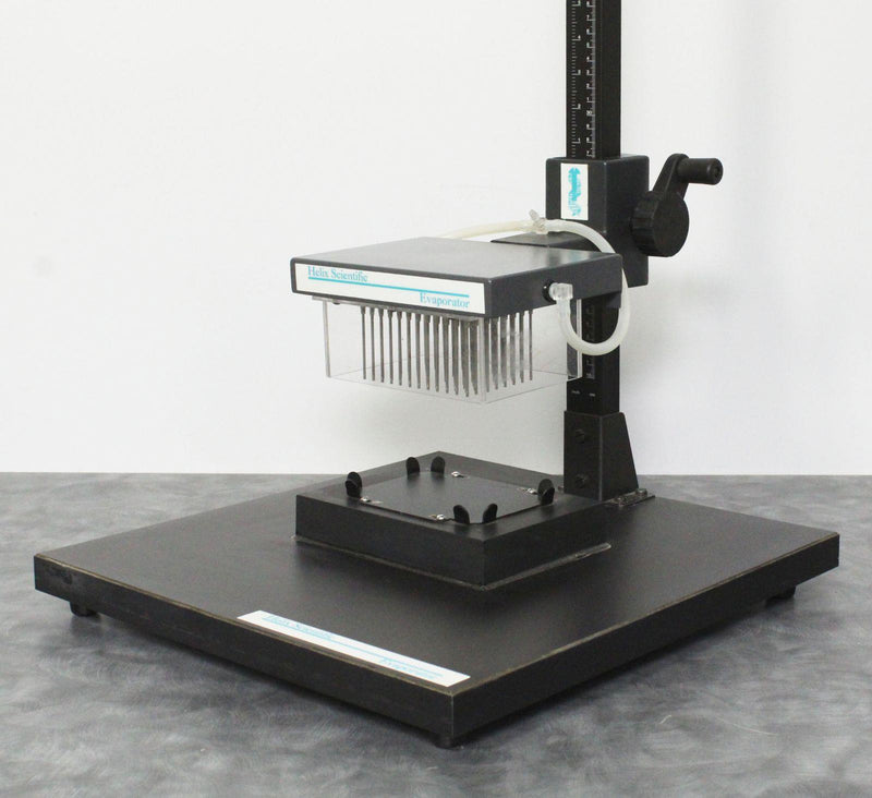 Helix Scientific Evaporator Stand close up of ejector head and microplate holder