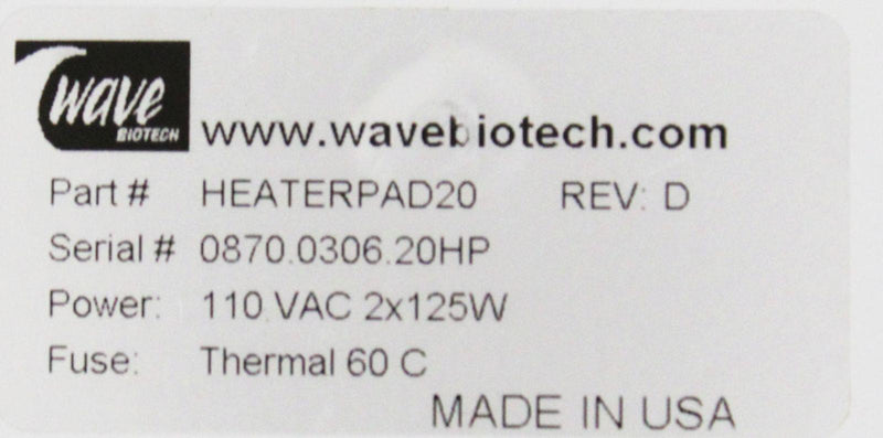 Wave Biotech HeaterPad20 information label
