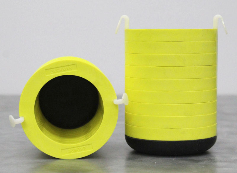Lot of 2 Beckman 339097 Yellow 9-Disc Swing Bucket Rotor Adapters 1x500mL Top and side view